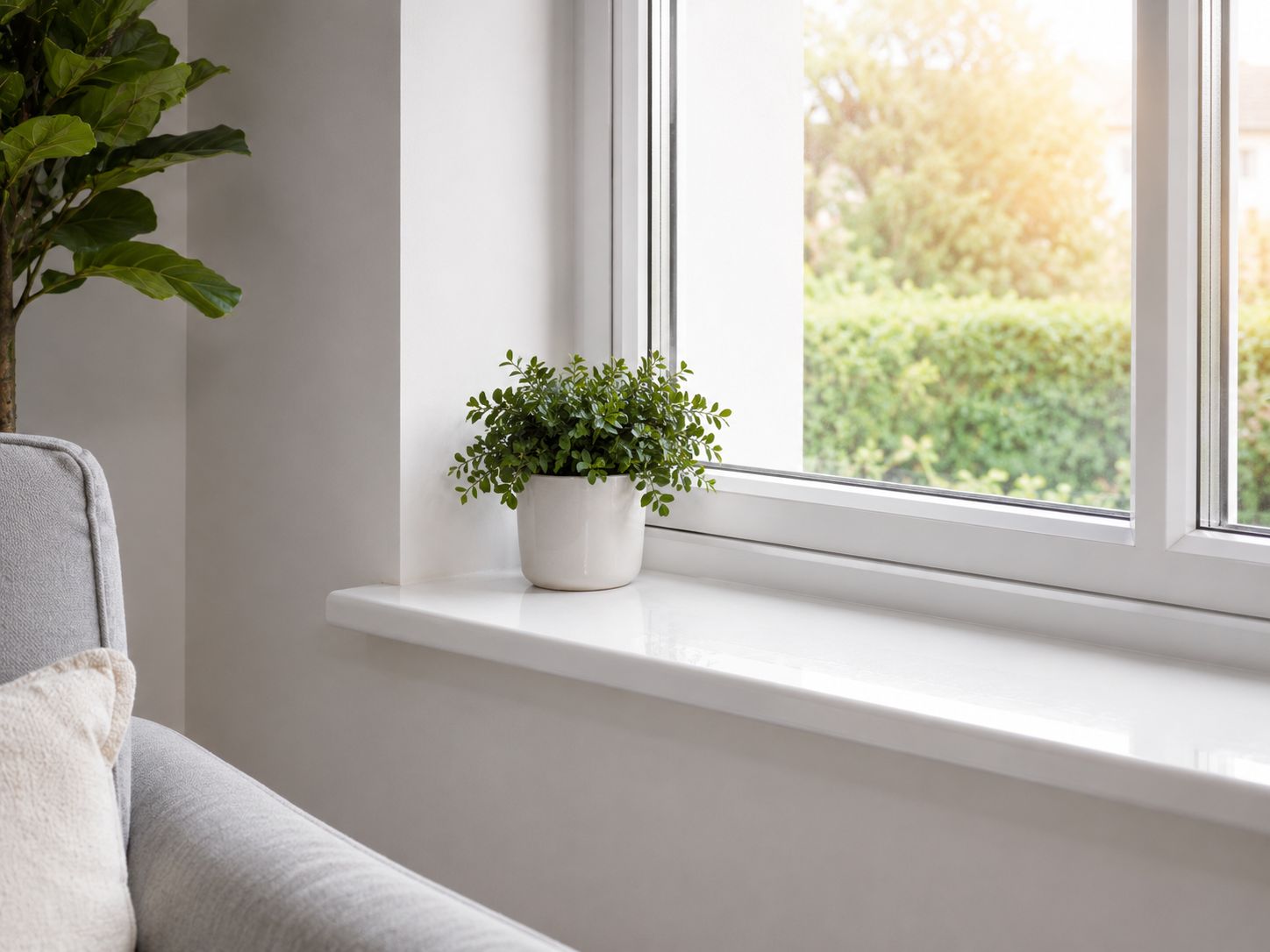 Biały parapet PVC przy oknie w jasnym pomieszczeniu