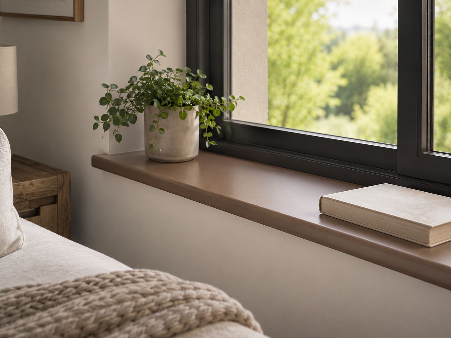 Brązowy parapet MDF dopasowany do nowoczesnego wnętrza