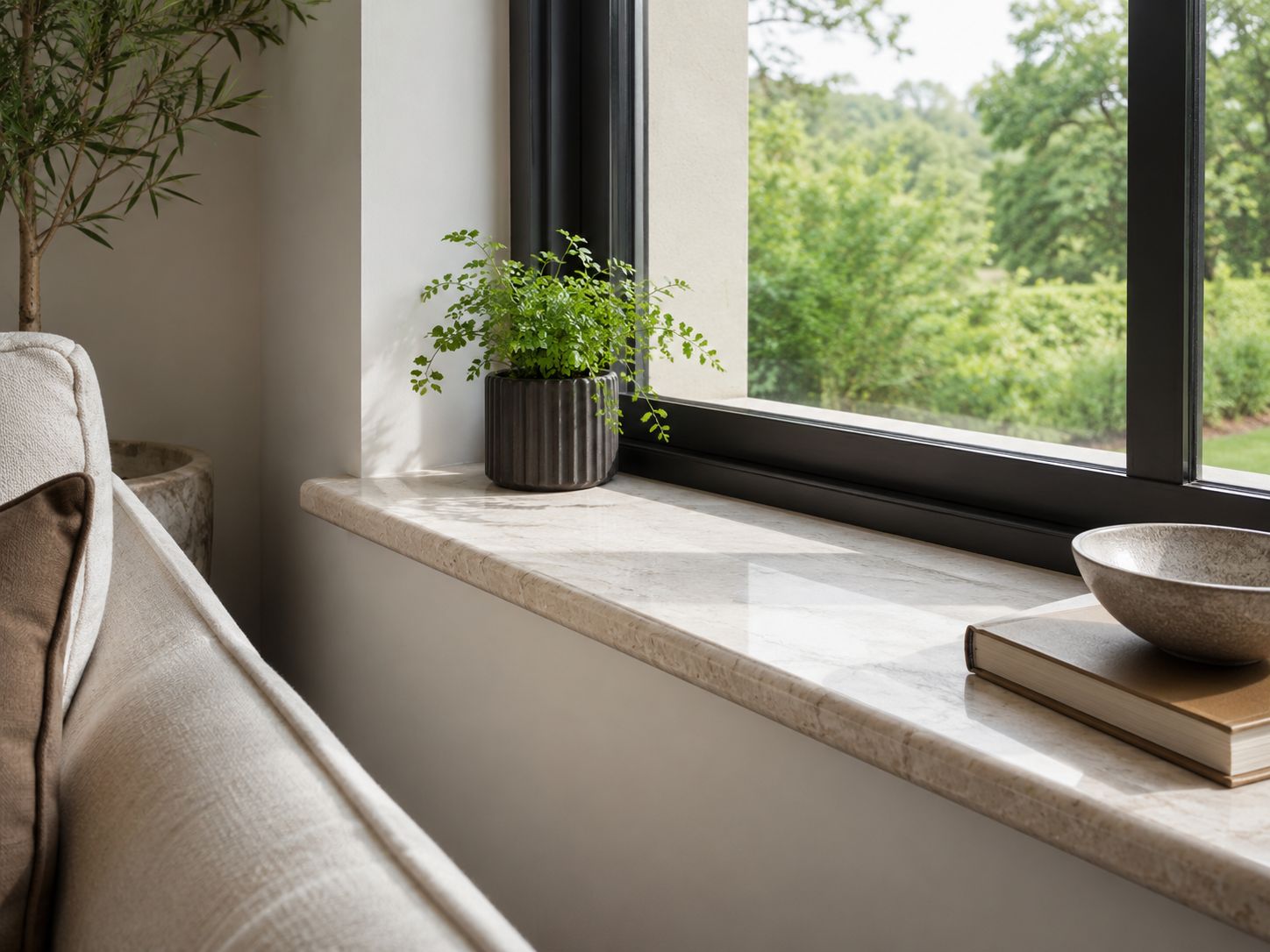 Kamienny parapet wewnętrzny przy nowoczesnym oknie w salonie